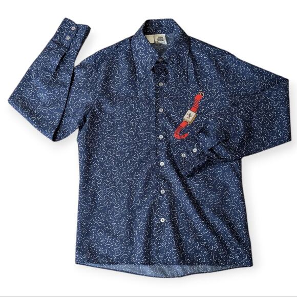 Kennington Men's Vintage 70s Shirt Mickey Mouse Watch Blue Button Up Navy Medium - Picture 1 of 9
